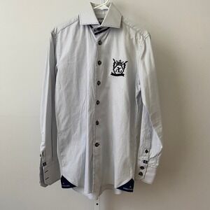 Angelo Galasso Cotton Office Siren Academia Luxury Logo Button Shirt 15.5 Blue